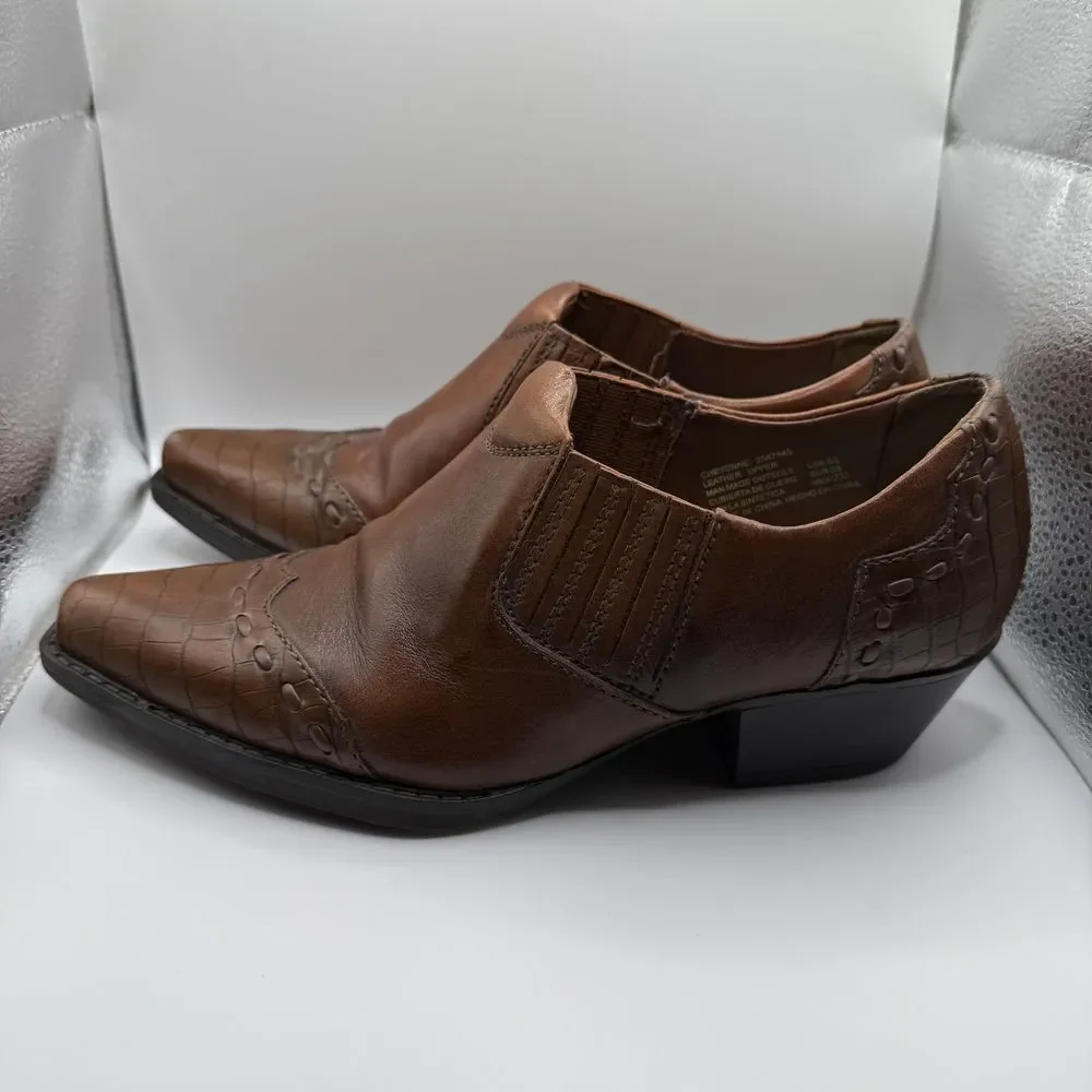 Earth Spirit Cheyenne Western Ankle Boots‎ Brown Leather Pointed Toe Slip On 6.5